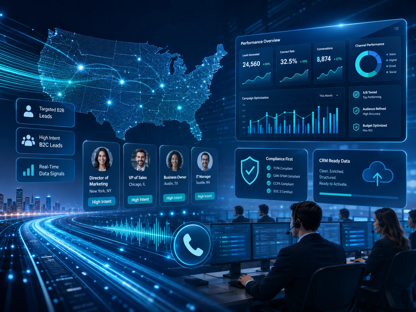 High-tech illustration showing US data intelligence, lead generation dashboards and call center performance
